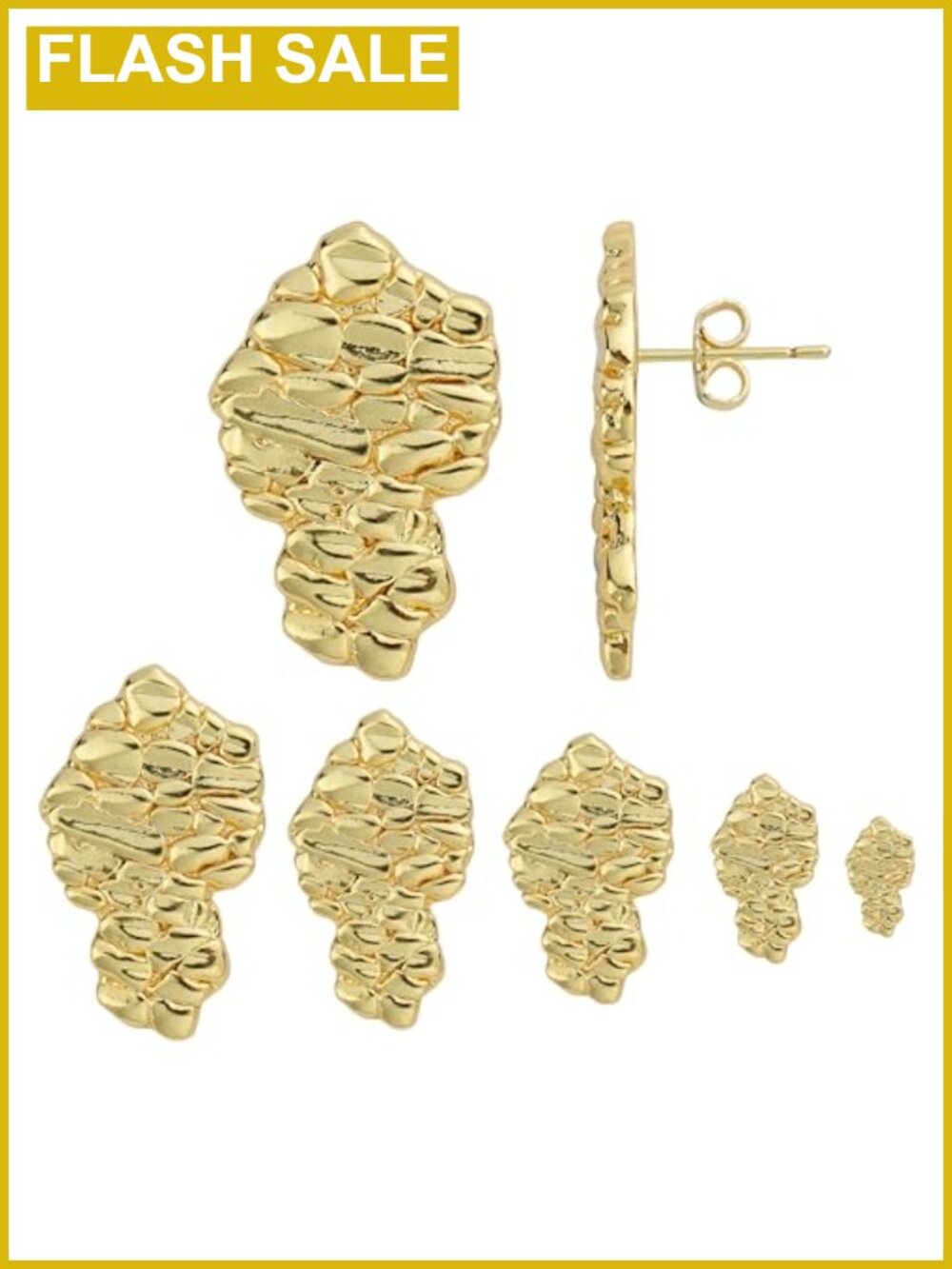 14k Gold Plated Rough Textured Nugget Stud Earrings Unisex Push Back